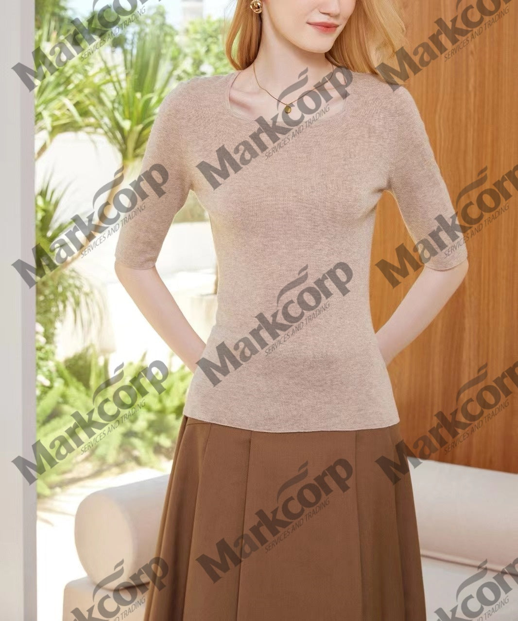 Markcorp Square collar short sleeve shirt thin women's fashion four seasons general slim mid-sleeve cashmere sleeve shirt