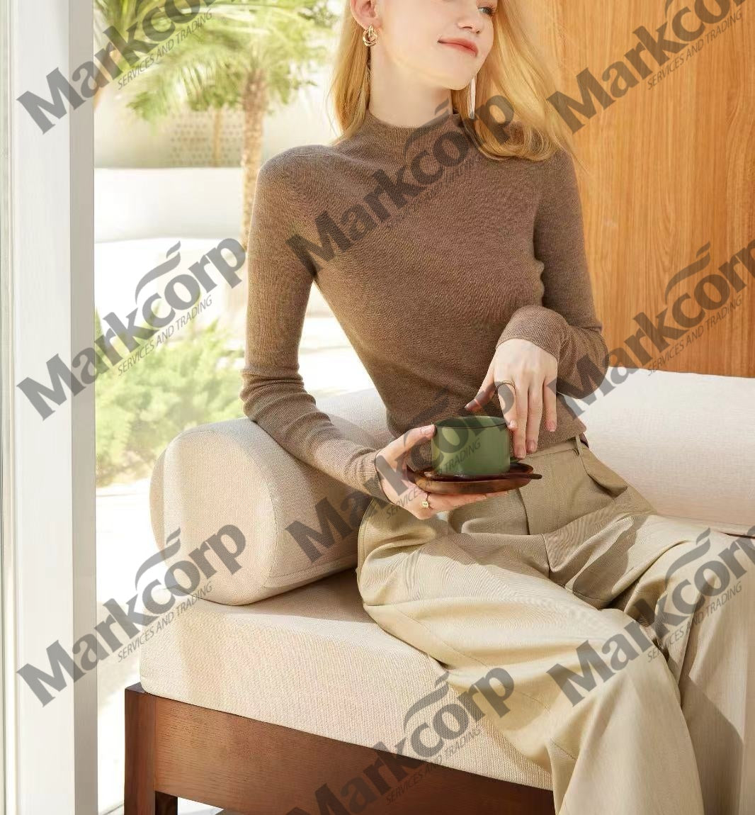 Markcorp Half high neck pullover cashmere women long sleeve round neck slim fit all fashion solid color long sleeve shirt