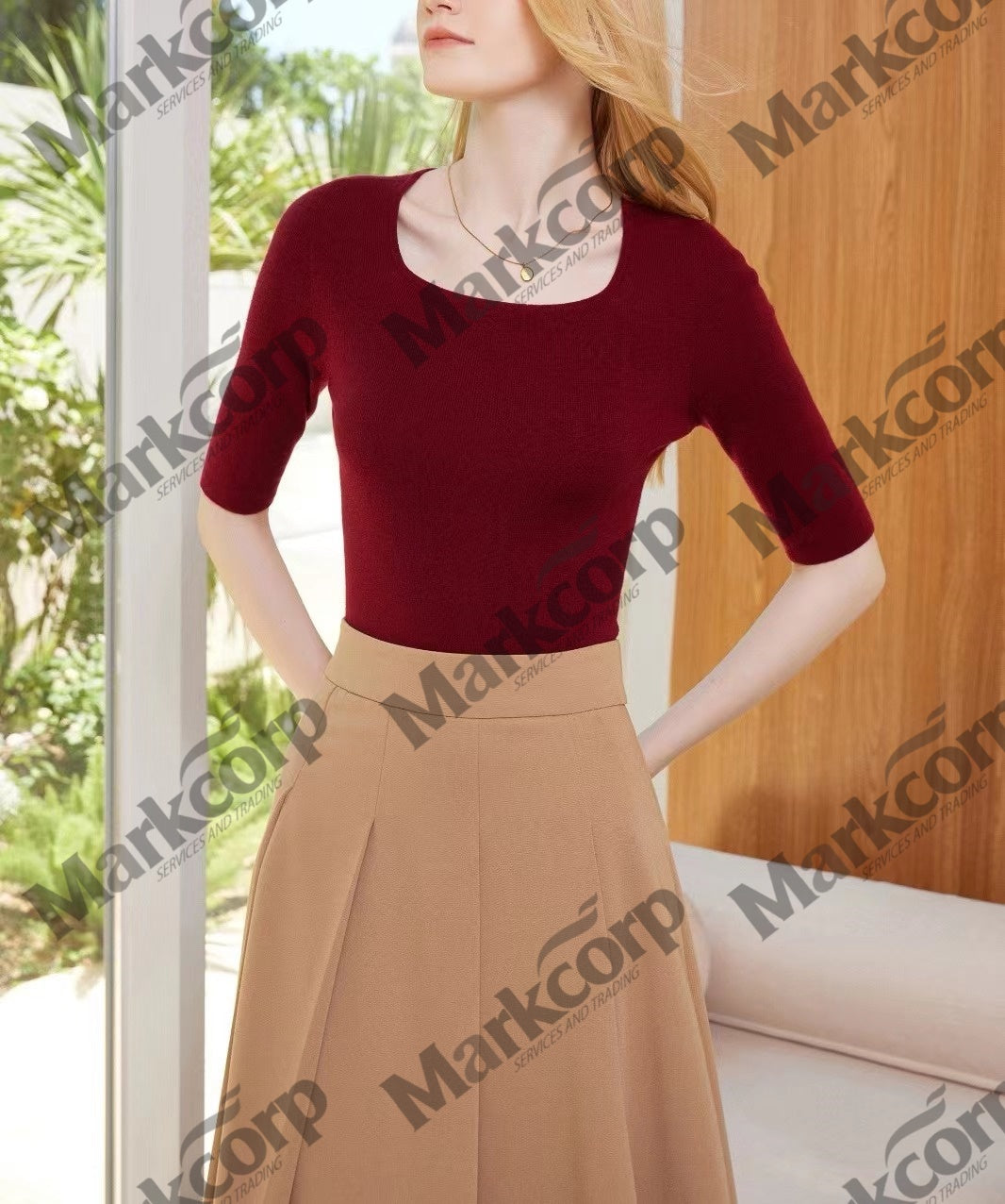 Markcorp Square collar short sleeve shirt thin women's fashion four seasons general slim mid-sleeve cashmere sleeve shirt