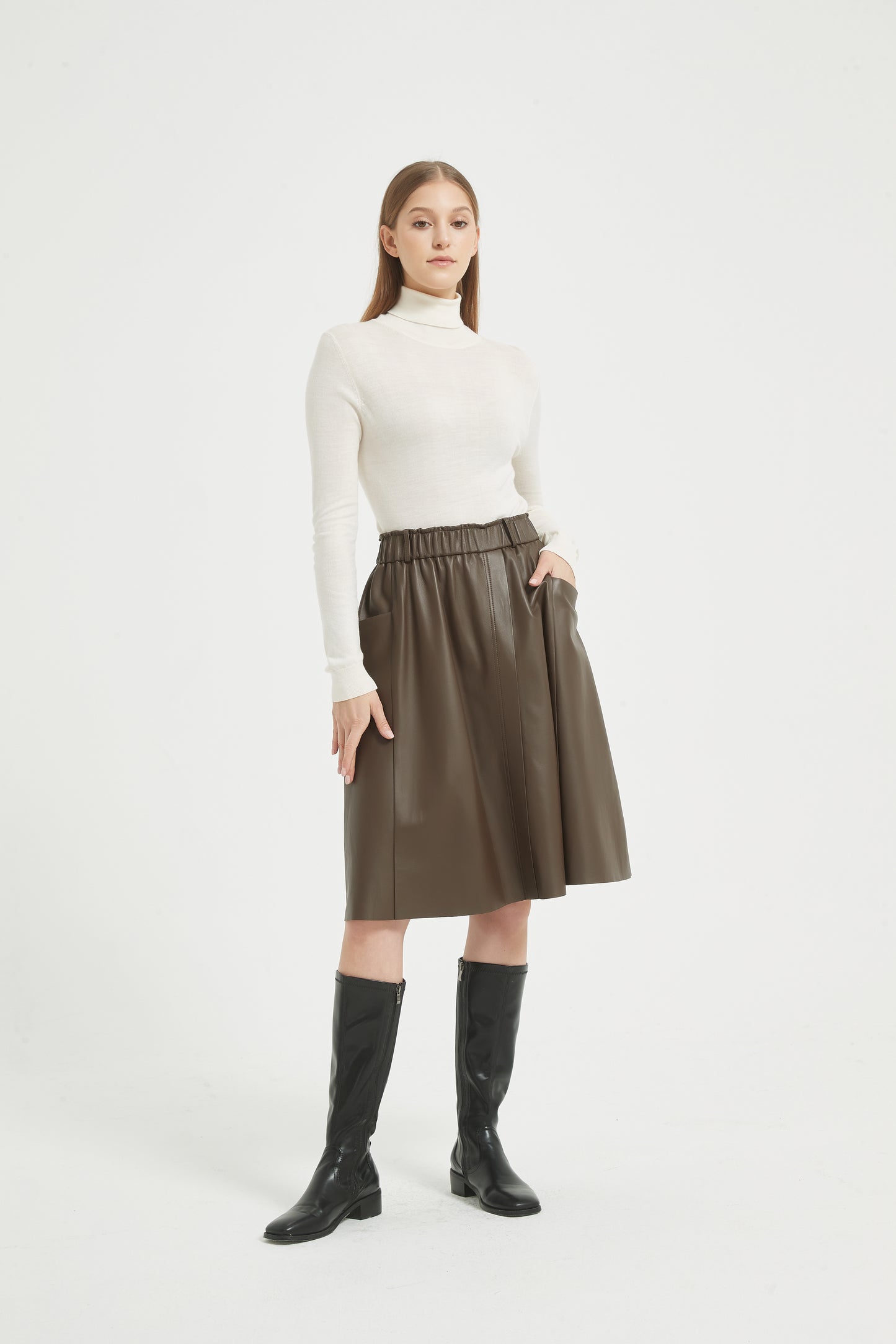 Markcorp women's versatile slimming casual sheepskin umbrella skirt with black coffee color autumn and winter half skirt
