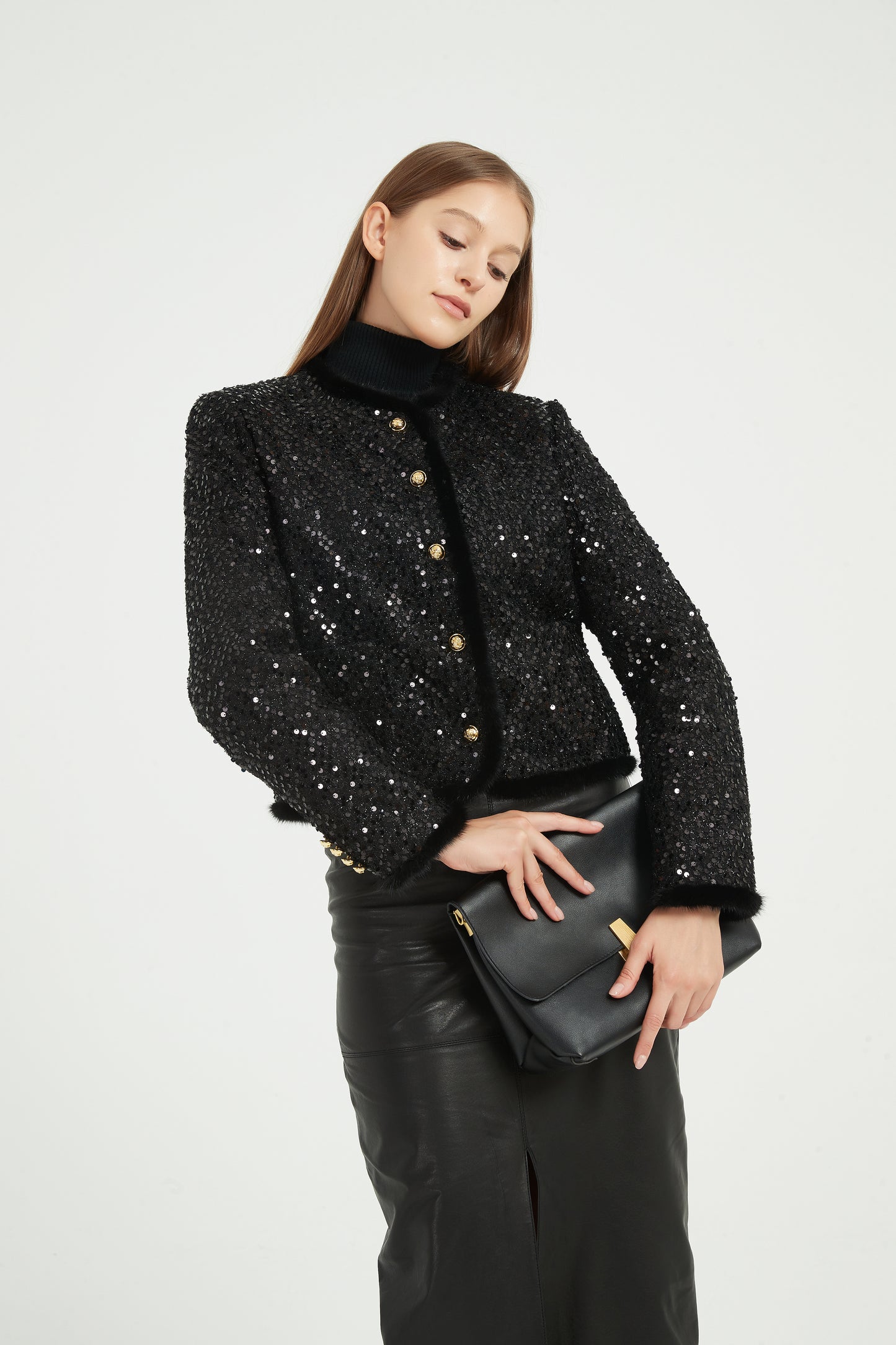 Markcorp Fall women's coat sequins fashion small fragrance eiderdown mink hair black round neck short coat