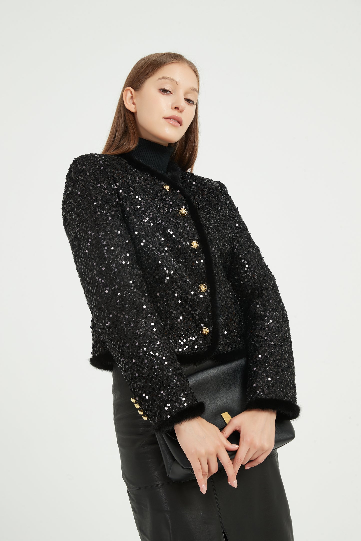 Markcorp Fall women's coat sequins fashion small fragrance eiderdown mink hair black round neck short coat