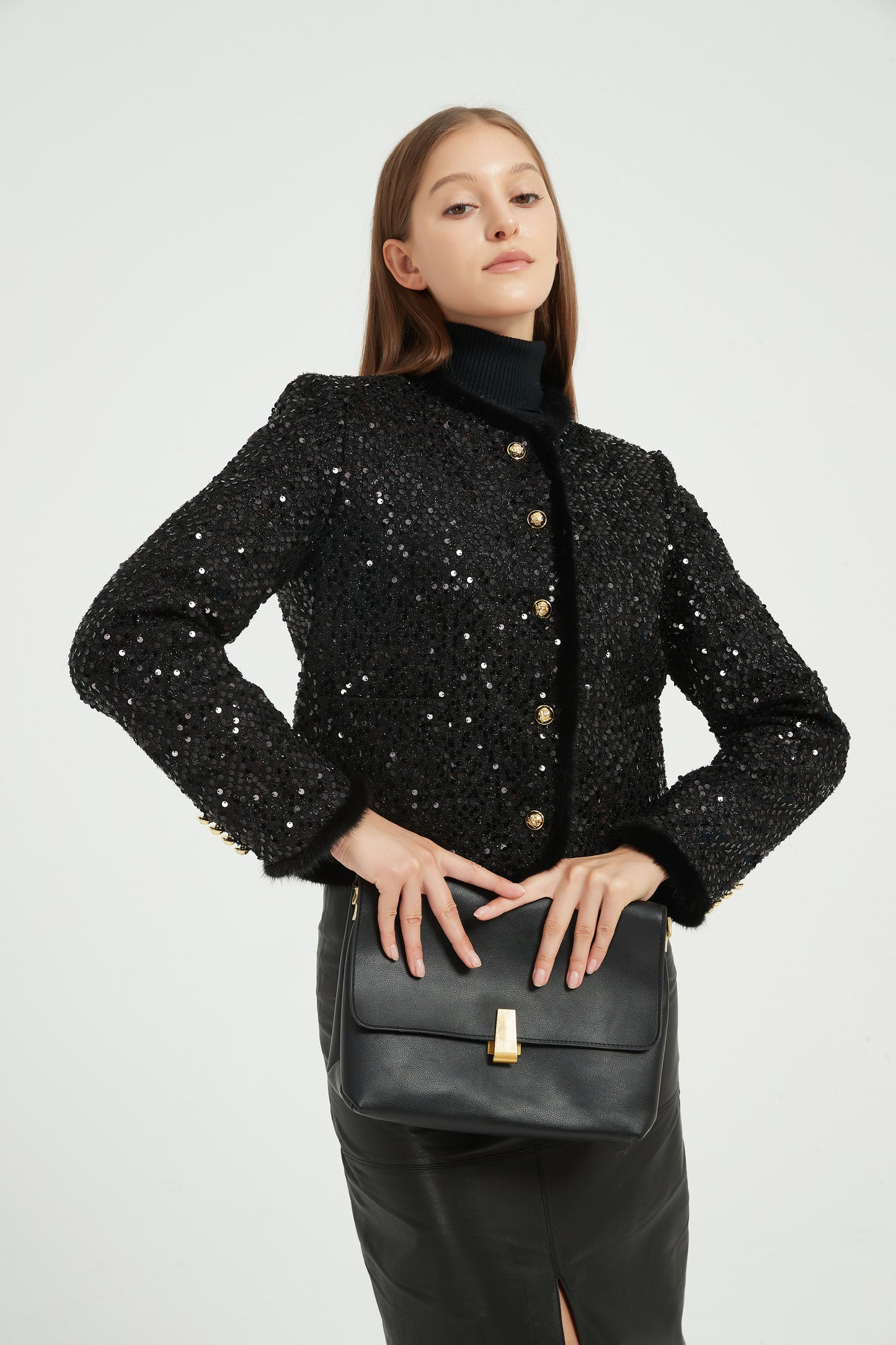Markcorp Fall women's coat sequins fashion small fragrance eiderdown mink hair black round neck short coat