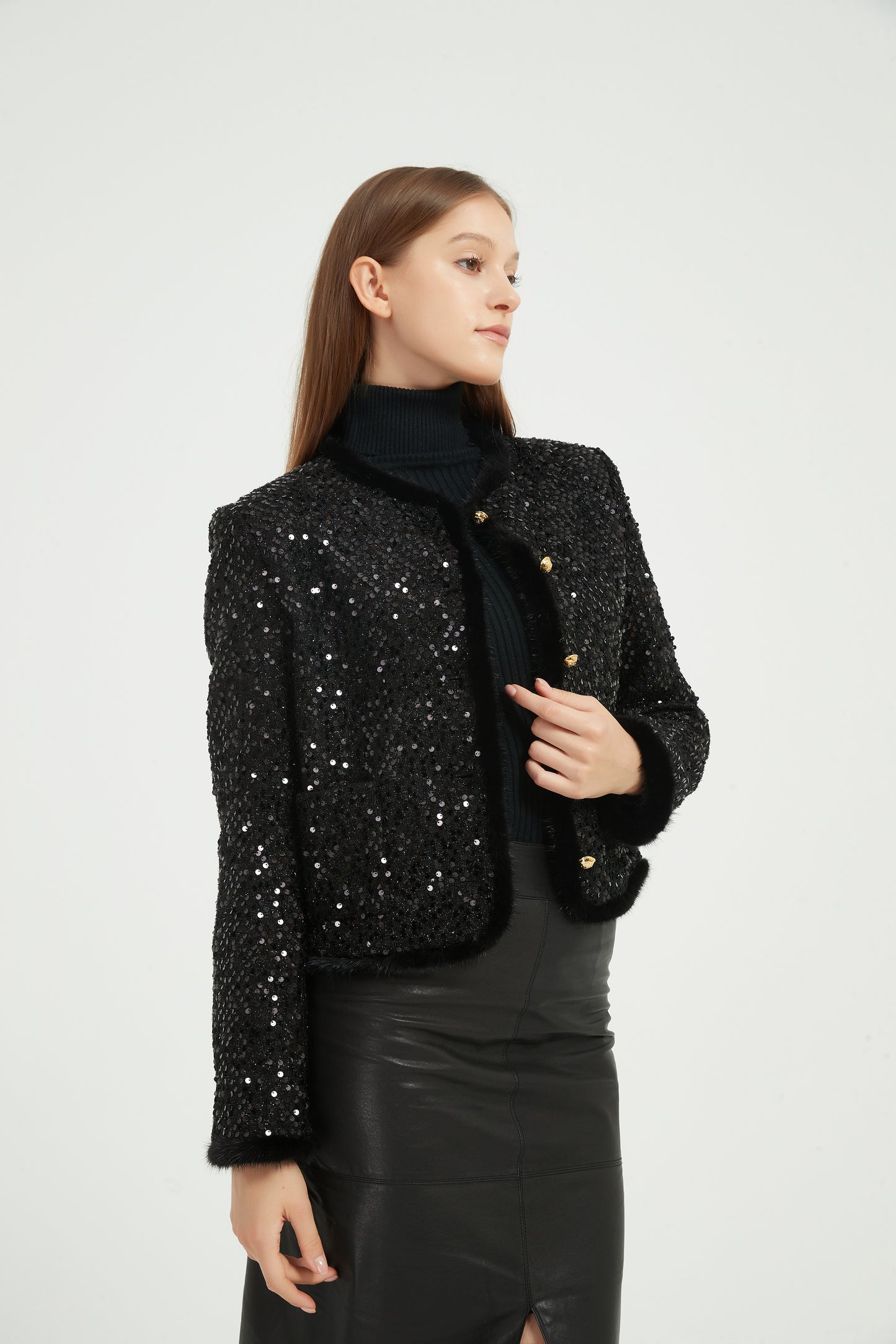 Markcorp Fall women's coat sequins fashion small fragrance eiderdown mink hair black round neck short coat