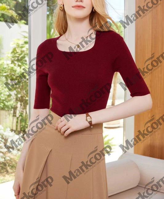 Markcorp Square collar short sleeve shirt thin women's fashion four seasons general slim mid-sleeve cashmere sleeve shirt