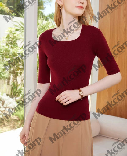 Markcorp Square collar short sleeve shirt thin women's fashion four seasons general slim mid-sleeve cashmere sleeve shirt
