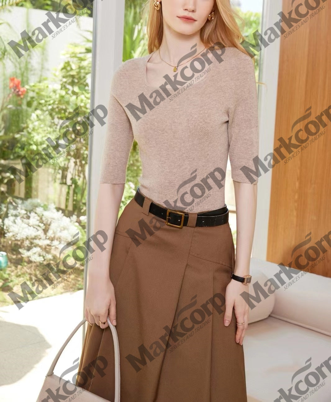Markcorp Square collar short sleeve shirt thin women's fashion four seasons general slim mid-sleeve cashmere sleeve shirt
