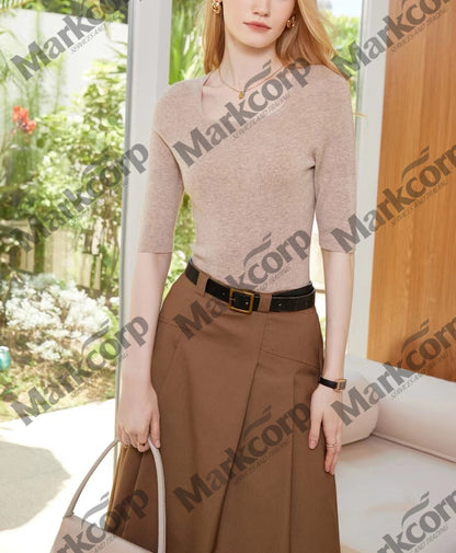 Markcorp Square collar short sleeve shirt thin women's fashion four seasons general slim mid-sleeve cashmere sleeve shirt