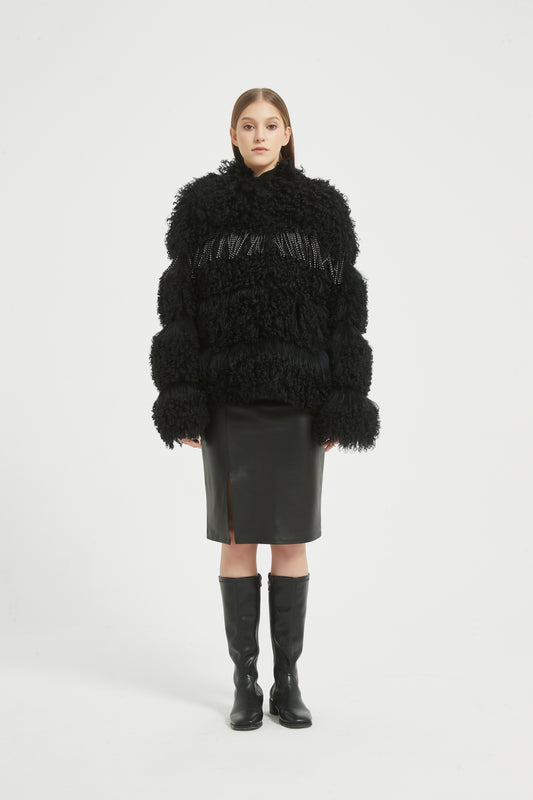 Markcorp fur coat made of Tegrado wool paired with sheepskin, women's standing collar fur