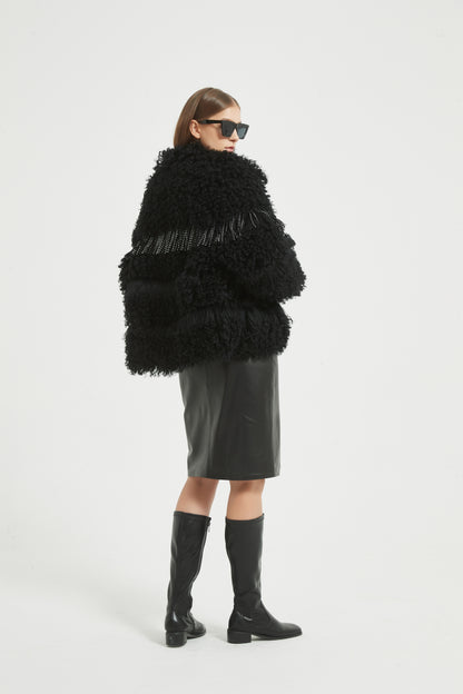 Markcorp fur coat made of Tegrado wool paired with sheepskin, women's standing collar fur