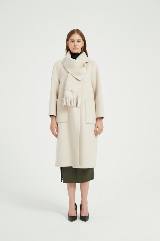 Markcorp Original Wool Camel Fleece Detachable Scarf Coat Solid Color Women's Casual Coat