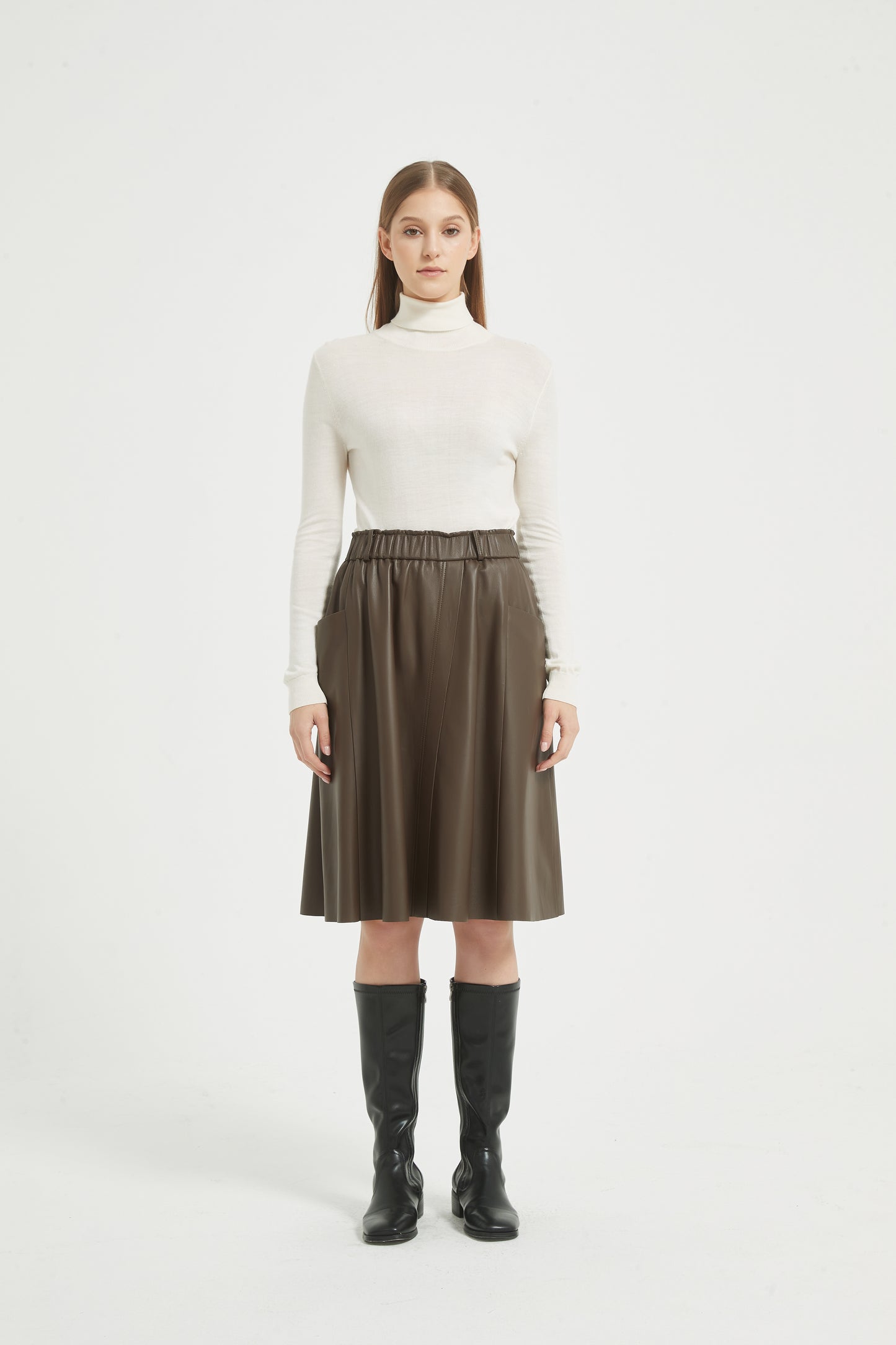 Markcorp women's versatile slimming casual sheepskin umbrella skirt with black coffee color autumn and winter half skirt