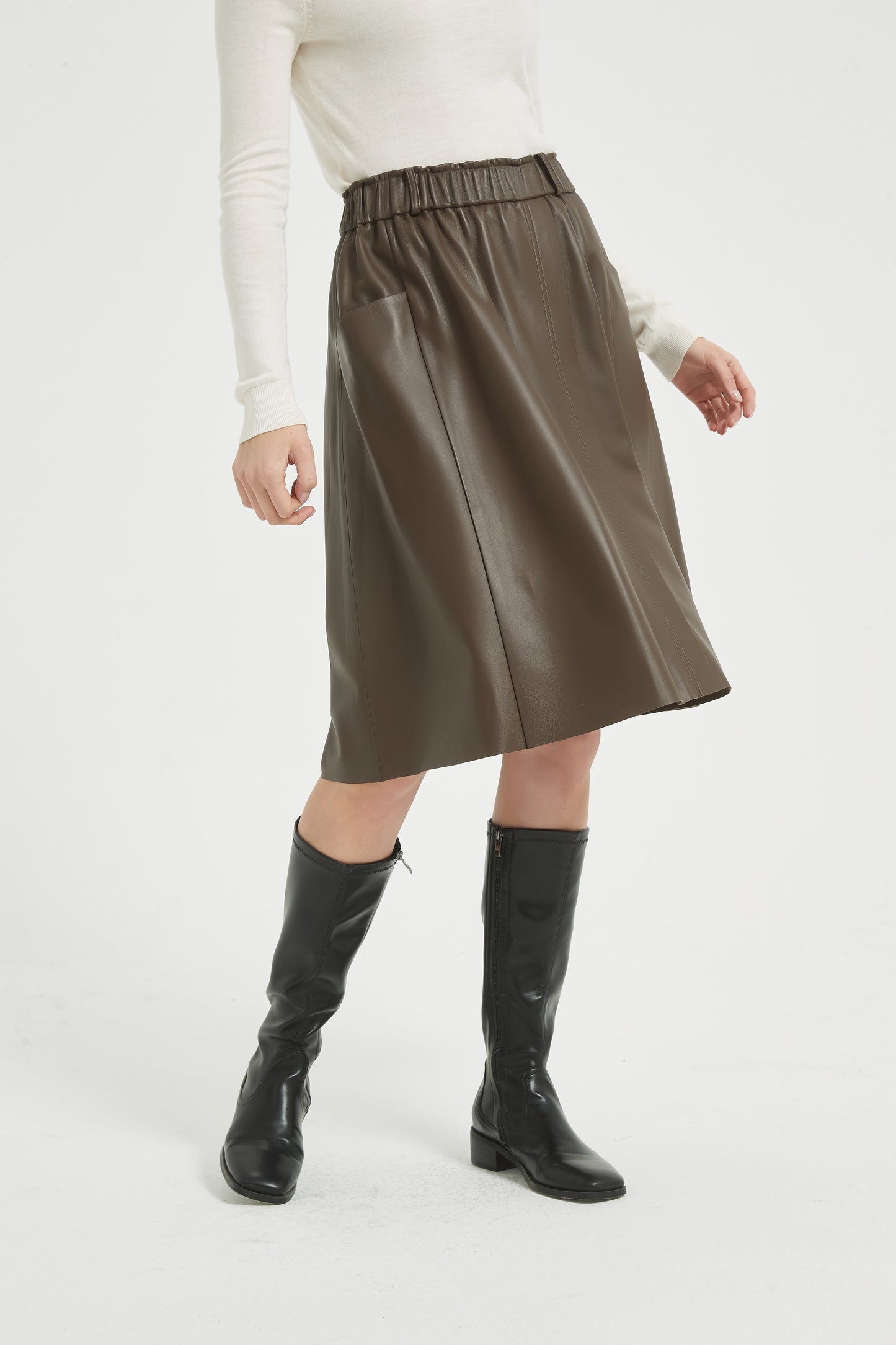 Markcorp women's versatile slimming casual sheepskin umbrella skirt with black coffee color autumn and winter half skirt