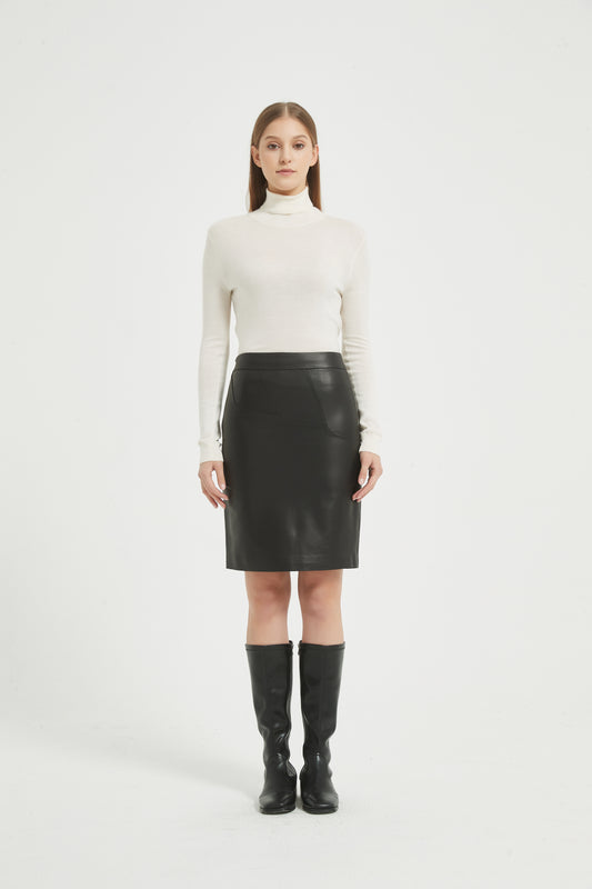 Markcorp genuine leather skirt slimming short skirt A-line wrap buttocks black half skirt versatile autumn and winter minimalist