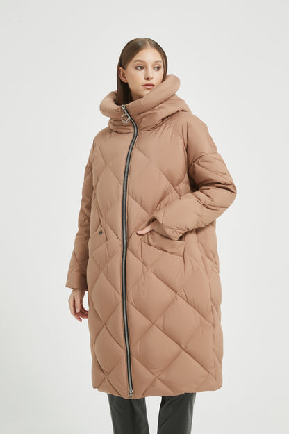 Markcorp Camel long fashionable women's down jacket 90 duck down is the first choice for winter