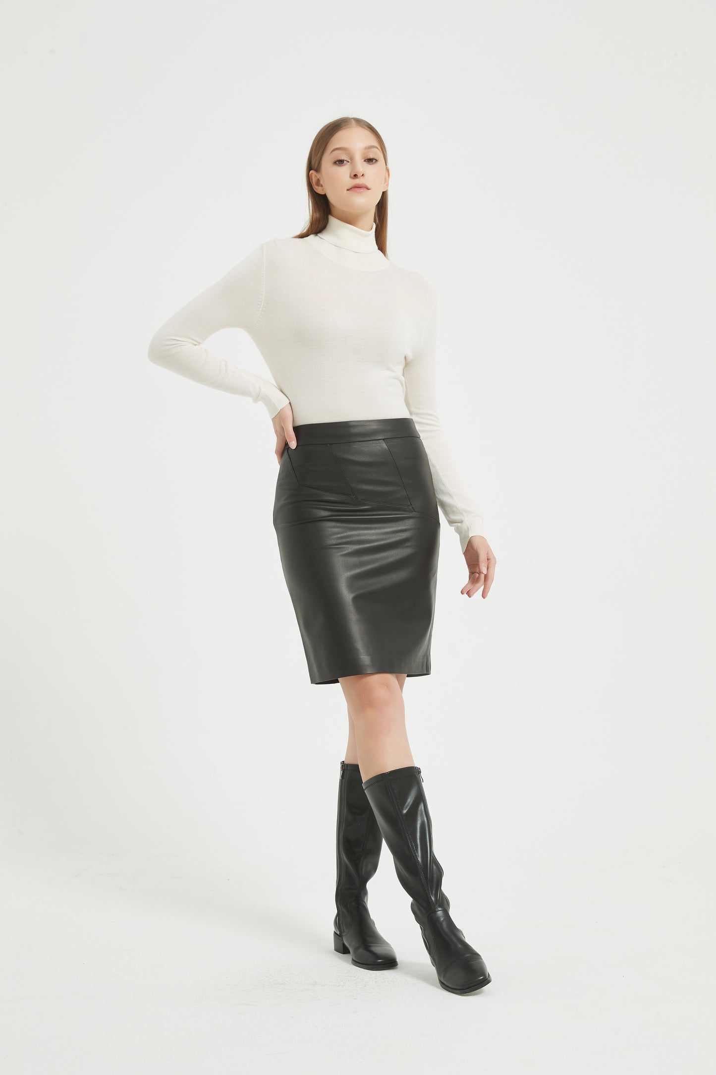 Markcorp genuine leather skirt slimming short skirt A-line wrap buttocks black half skirt versatile autumn and winter minimalist