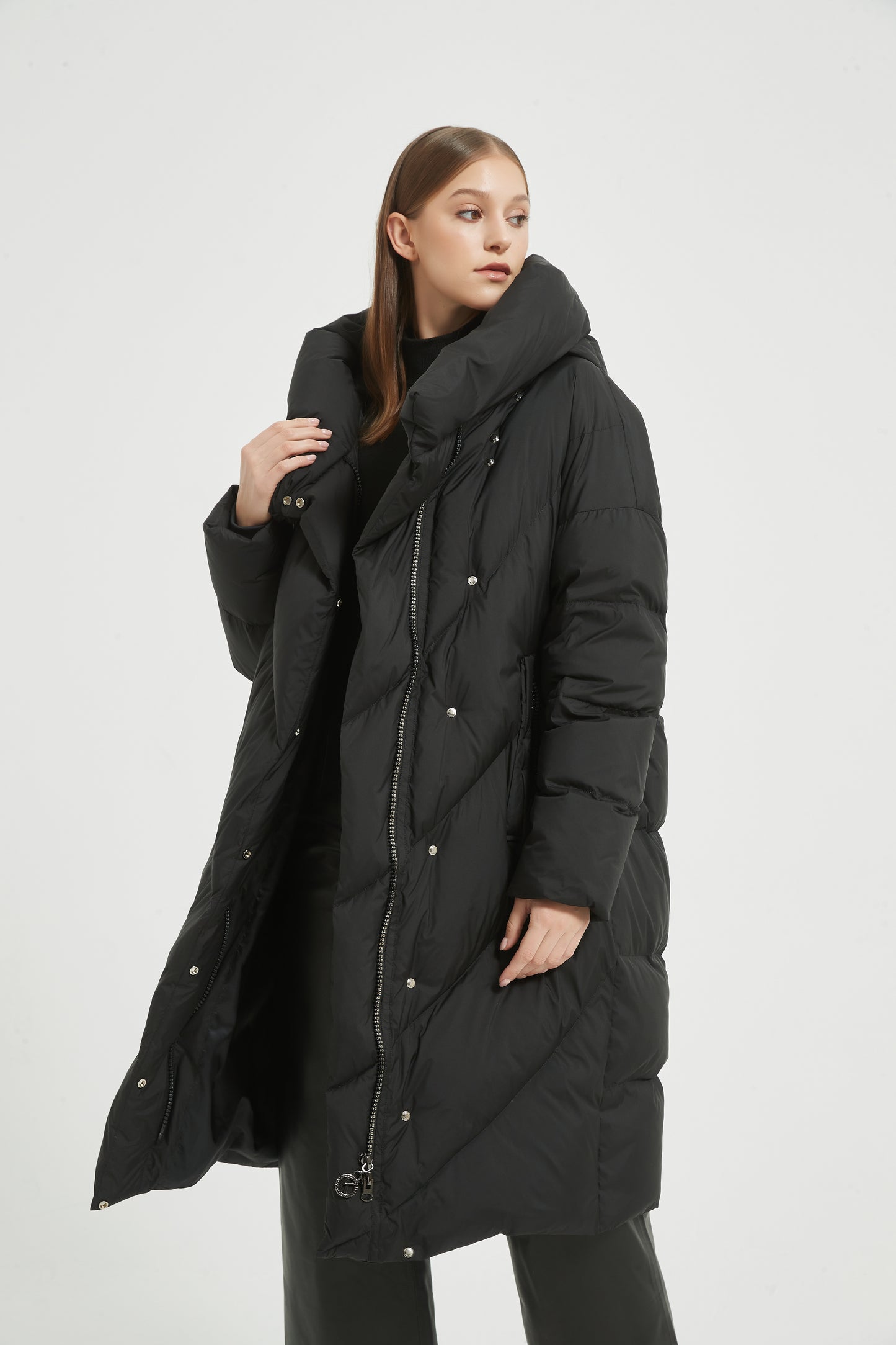 Markcorp Black long fashionable women's down jacket 90 duck down is the first choice for winter