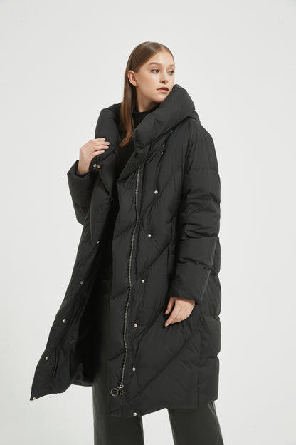 Markcorp Black long fashionable women's down jacket 90 duck down is the first choice for winter