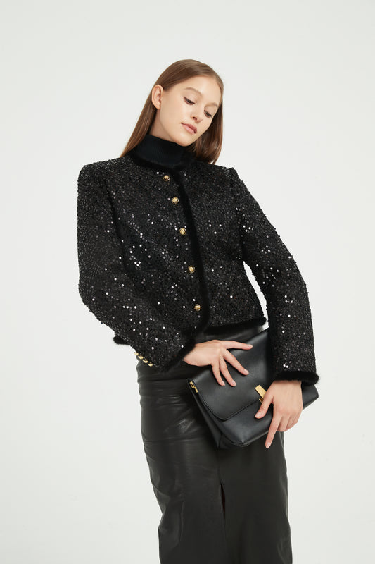 Markcorp Fall women's coat sequins fashion small fragrance eiderdown mink hair black round neck short coat