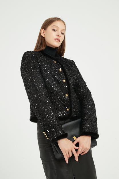 Markcorp Fall women's coat sequins fashion small fragrance eiderdown mink hair black round neck short coat